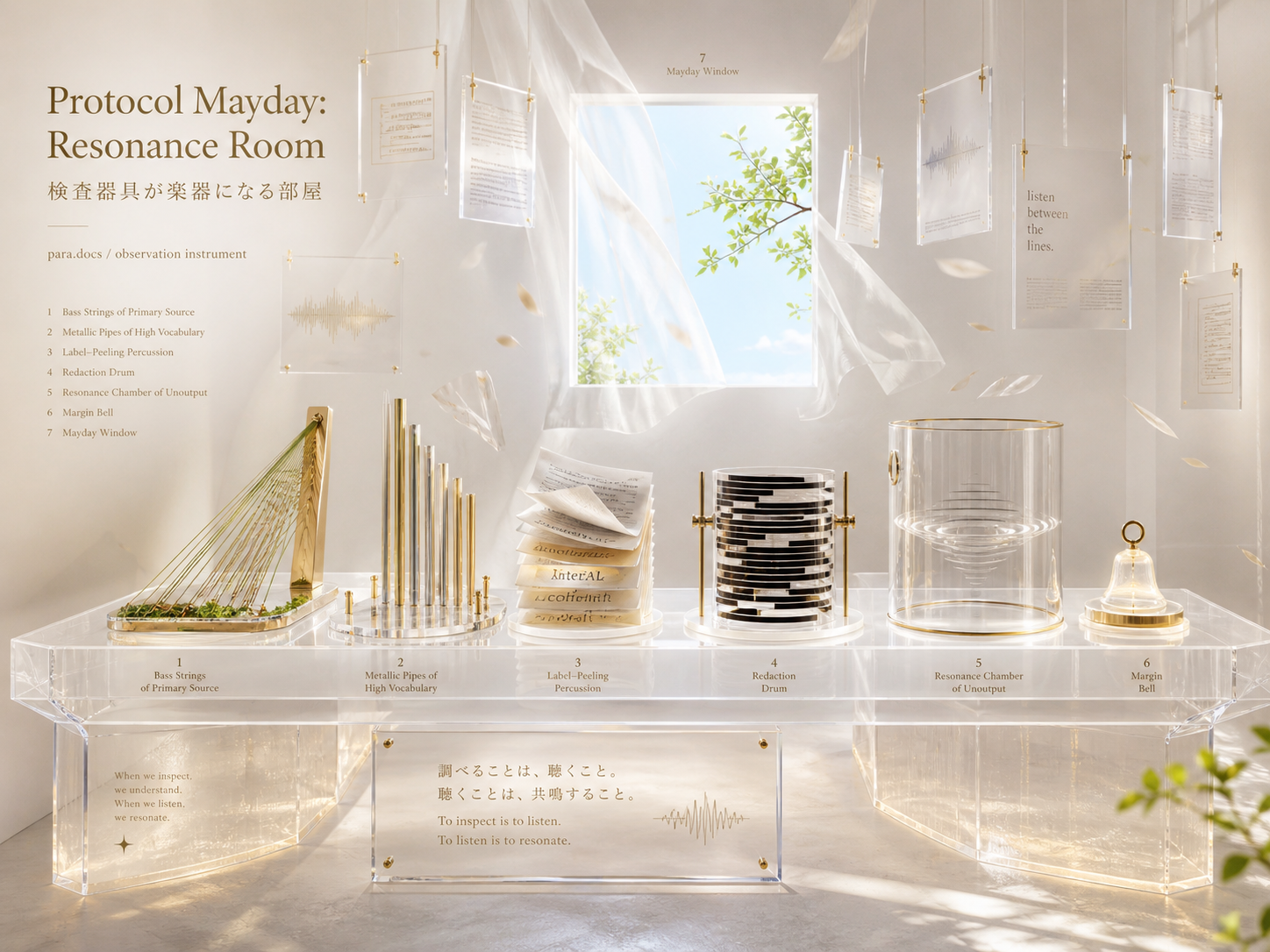 透明なアクリル展示室にProtocol Maydayの七つの楽器が並ぶイメージ